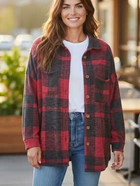 Lovely Melody Red, Black & Charcoal Plaid Knit Shacket, Size L